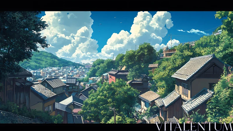Hillside Japanese townscape under towering summer cumulus clouds.