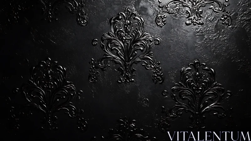 Embossed black damask motifs form a repeating surface pattern