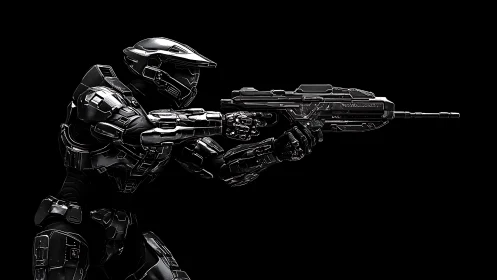 Armored sci fi soldier holding long rifle in profile view.