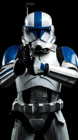 Clone trooper in blue-marked armor holding blaster rifle.