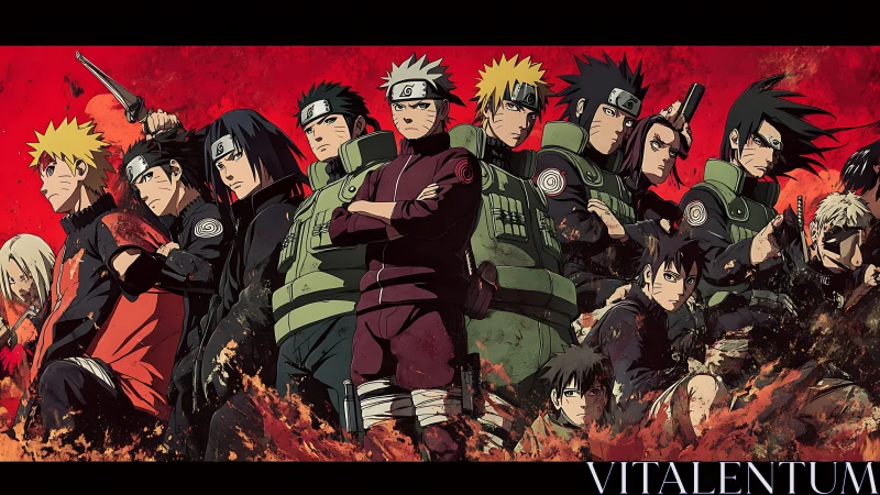 Tactical shinobi lineup against high-saturation crimson battlefield.