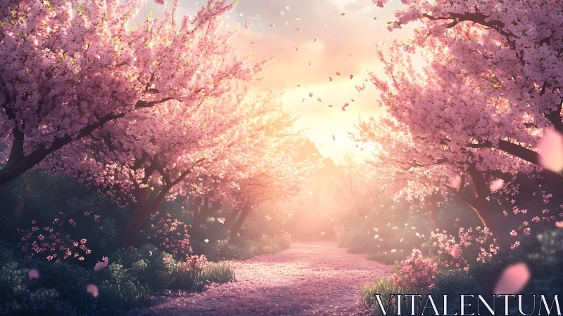 Cherry blossom path under warm sunset light.