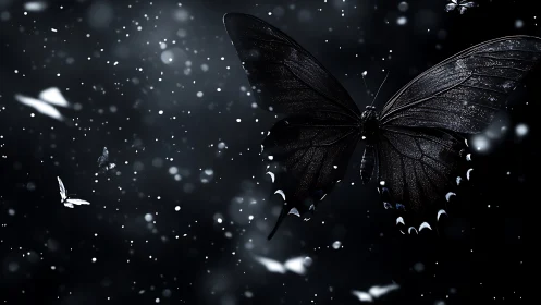 Midnight black butterfly amid drifting white bokeh snowflakes.