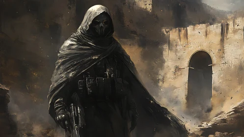Hooded tactical operative stands before blasted stone tunnel in ruins