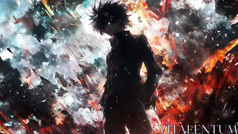 Silhouetted anime figure amid explosive chromatic turbulence.