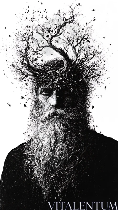 Surreal portrait of bearded man merging into tree crown.