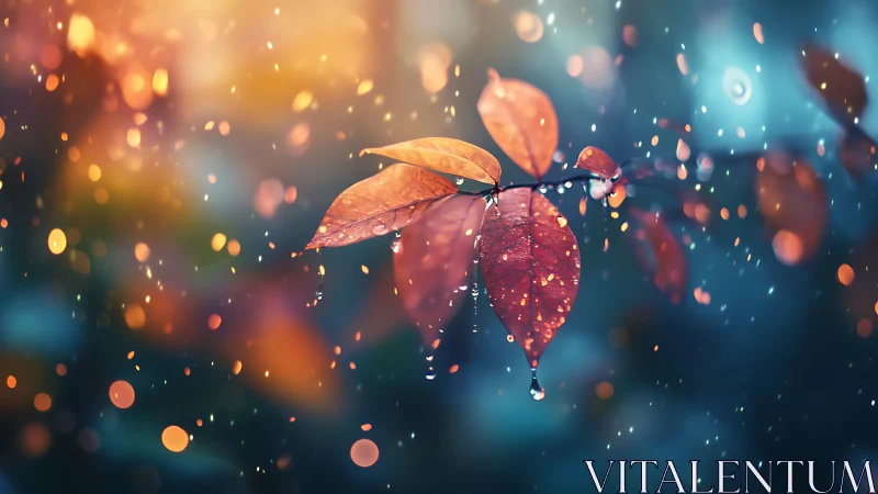 Rain-kissed autumn leaves drifting through bokeh twilight.