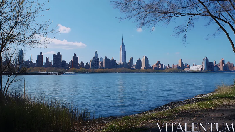 Midday Manhattan skyline viewed across tranquil riverfront.