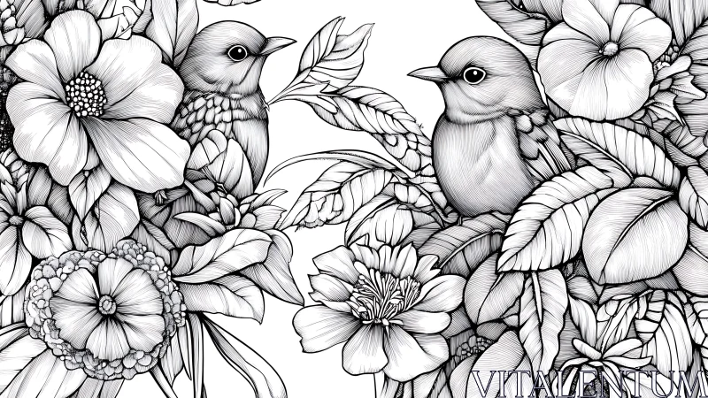 Two songbirds among detailed flowers, black and white line art.