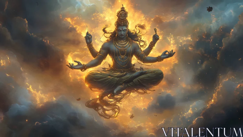 Blue-skinned four-armed deity floating in fiery clouds.