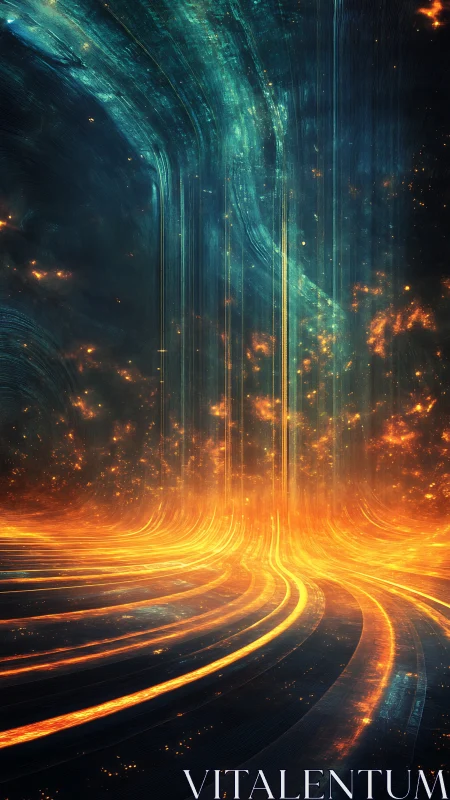 Plasma data streams curve across a luminous quantum field gateway