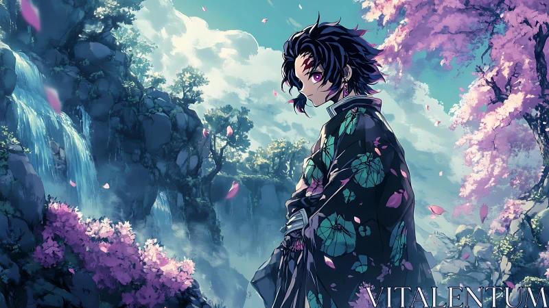 Stoic anime swordsman amid waterfalls and sakura cliffs.