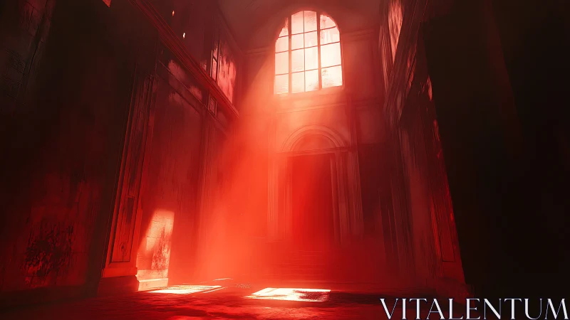 Red volumetric light fills tall interior architectural space