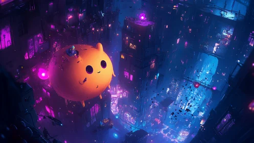 Orange floating creature in dense neon-lit cyber cityscape.