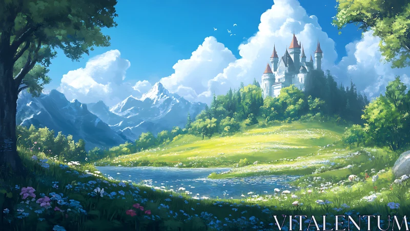 Castle above alpine meadow with river under clear sky.