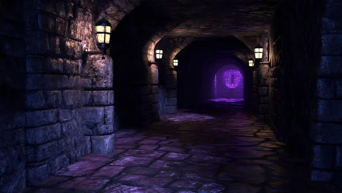 Mysterious stone corridor glows with gentle purple lantern light