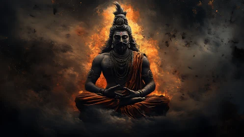 Seated ascetic figure in orange robes amid dark fiery clouds.