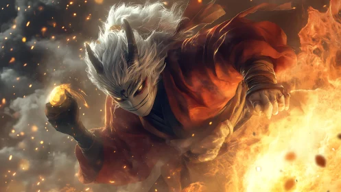 Masked horned figure moves through fire with dynamic lighting