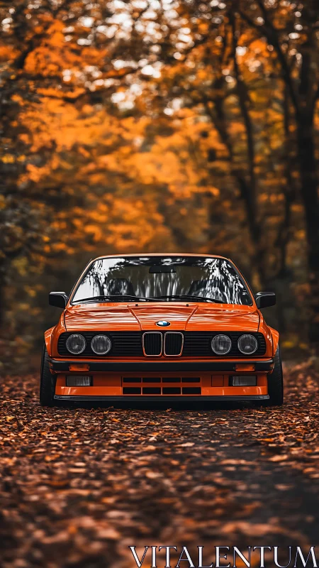 Vintage orange BMW framed by defocused autumn forest bokeh