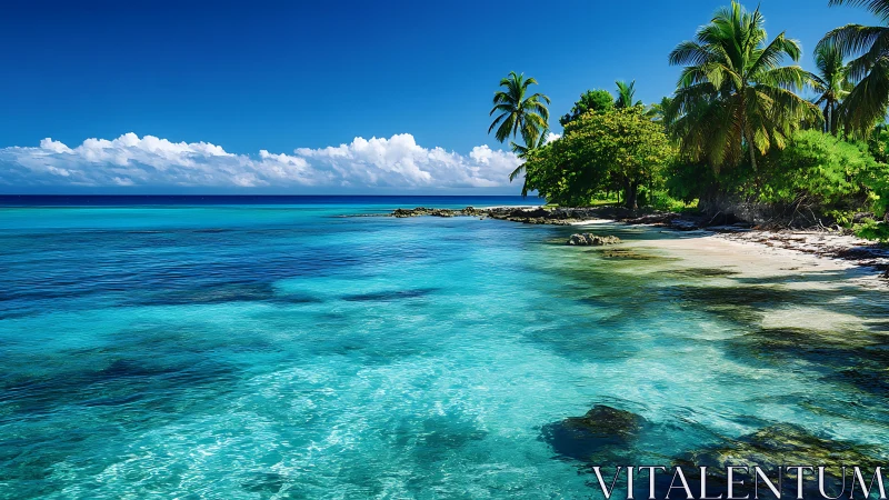 Tropical coastal landscape with turquoise water and palm trees