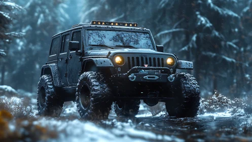 Off-road SUV advances through cinematic winter forest terrain