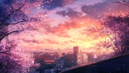 Urban skyline under cherry blossoms at sunset light.