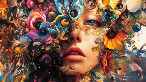 Human face merged with multicolored abstract floral forms.