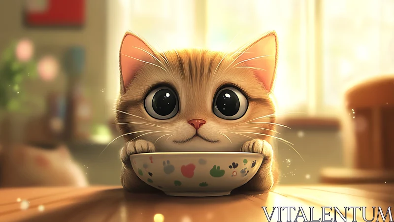 Whimsical Kitten Clutches Fortune Bowl in Sunlit Room.