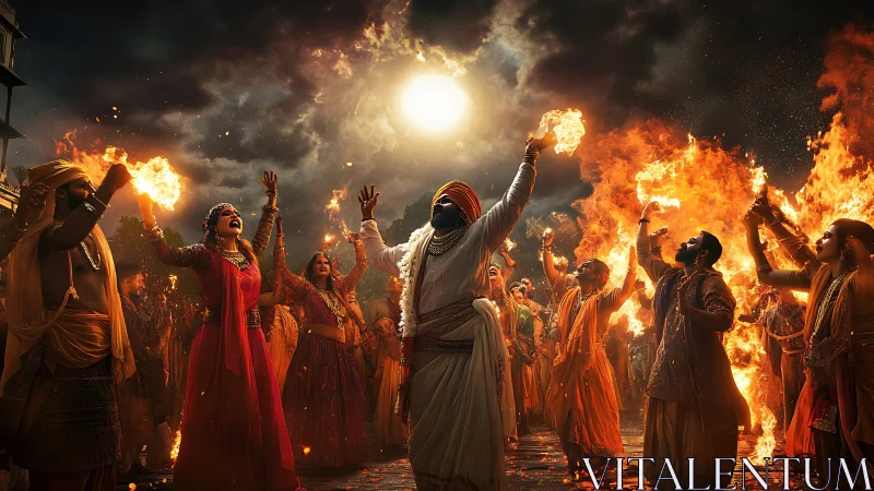 Firelit festival dancers conjure a storm of sacred flames.