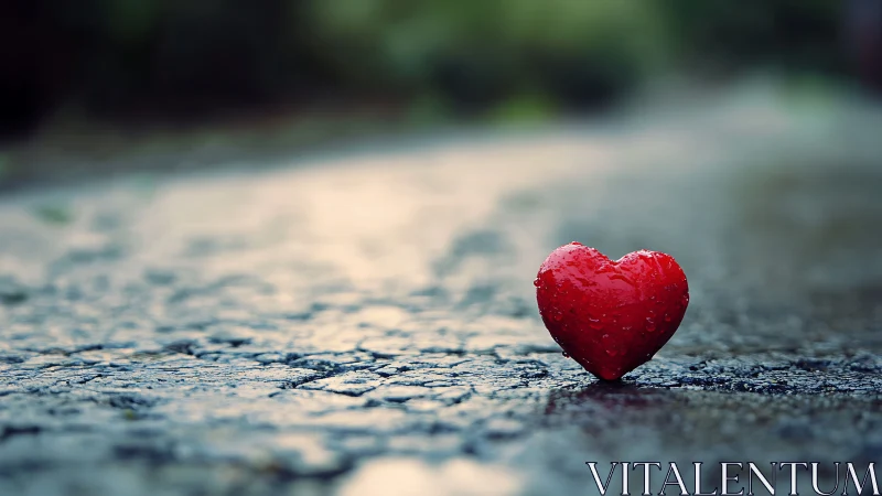 Red Heart Rests on Wet Stone Path.