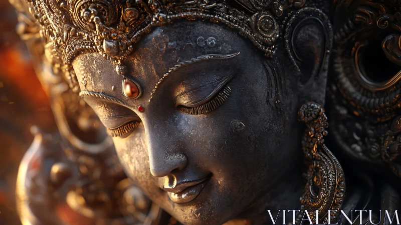 Gentle goddess statue glows softly in warm evening light