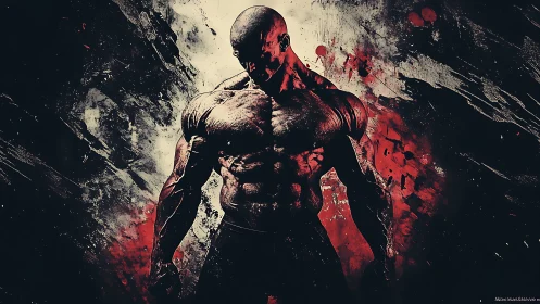 Muscular bald figure stands centered in high contrast splatter art