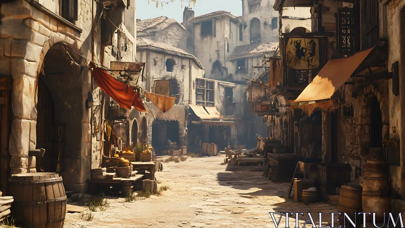 Sunlit medieval market street lined with old stone houses.