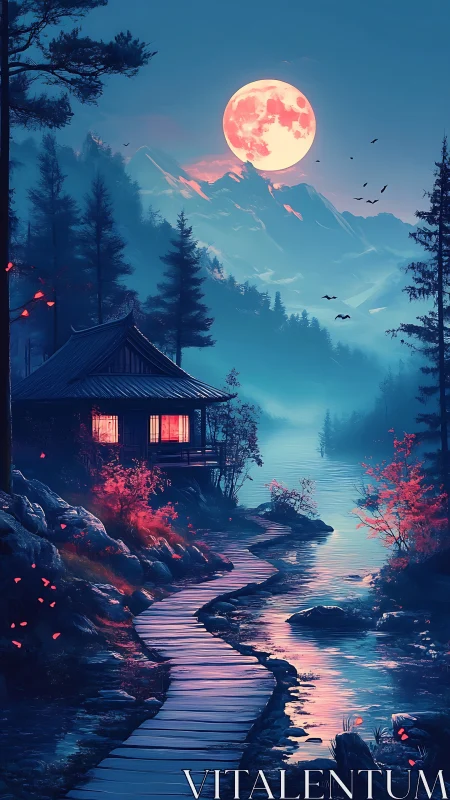 Moonlit riverside cabin with mountain backdrop at night.