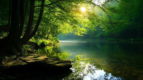Sunlit river bend where quiet forest shadows breathe.