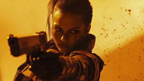 Cyberpunk heroine aims pistol under blazing amber light