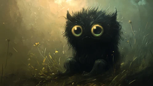 Wide-eyed forest creature sits in hazy golden dusk