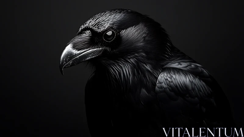 High-contrast raven portrait isolates intricate feather microdetail.