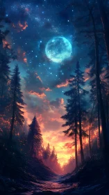 Luminous Moon Above Forest Canopy at Twilight Convergence