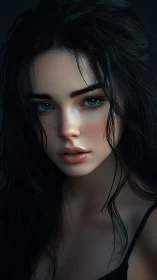 Moody close-up portrait of young woman with dark hair.