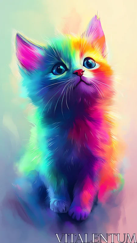 Rainbow Kitten with Luminous Eyes Against Pastel Gradient.