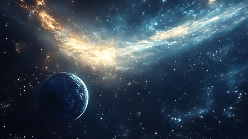 Rendered planetary sphere below dense starfield and nebula band