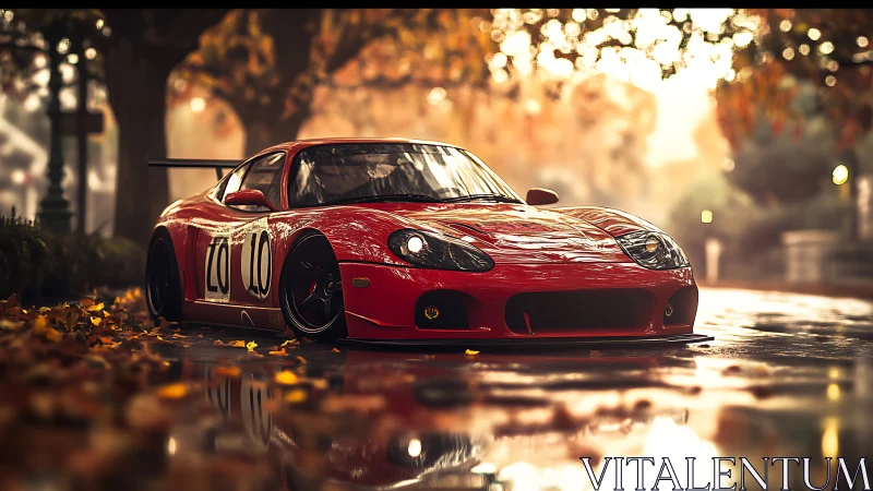 Red race car on wet autumn street with soft reflections.