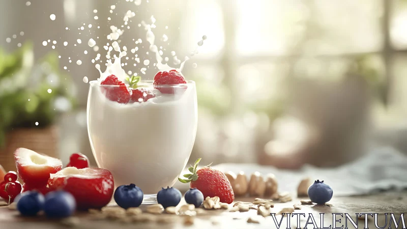 Creamy yogurt and berries splashing in soft morning light.