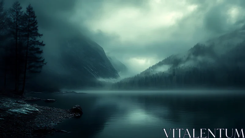 Low-key fogbound alpine lake with diffuse backlit valley depth