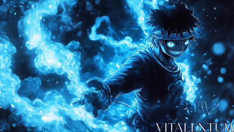 Blue flame hero charging through swirling midnight energy.