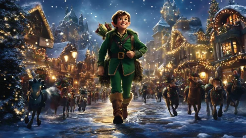 Joyful Christmas elf strolling through a glowing winter town.