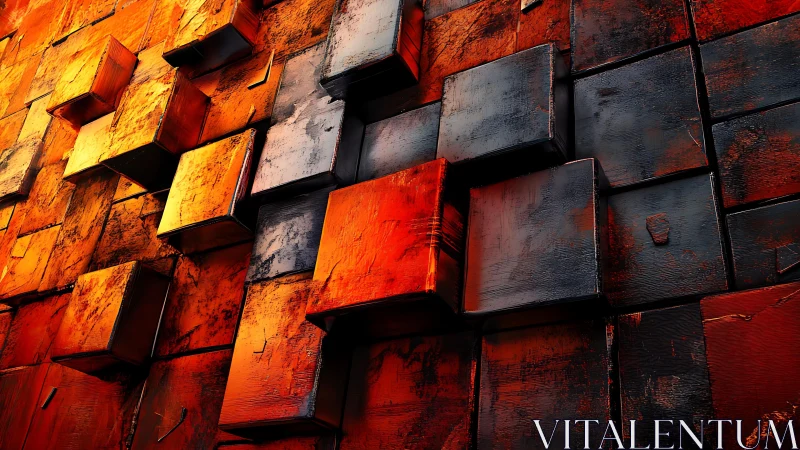 Abstract 3D Cubes Wall with Grunge Texture in Fiery Colors.