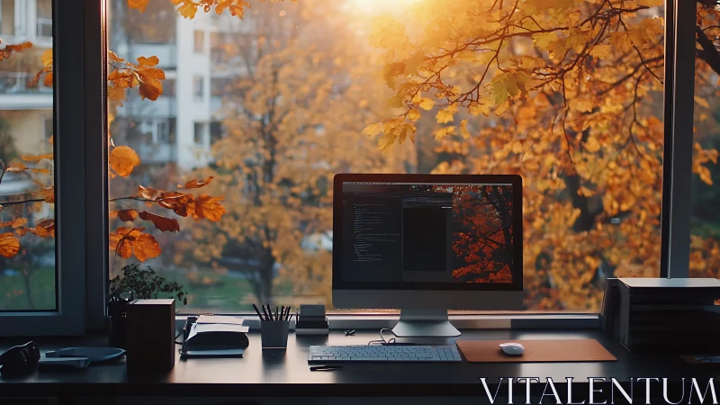 Autumn-lit home office workstation with coding monitor and window view