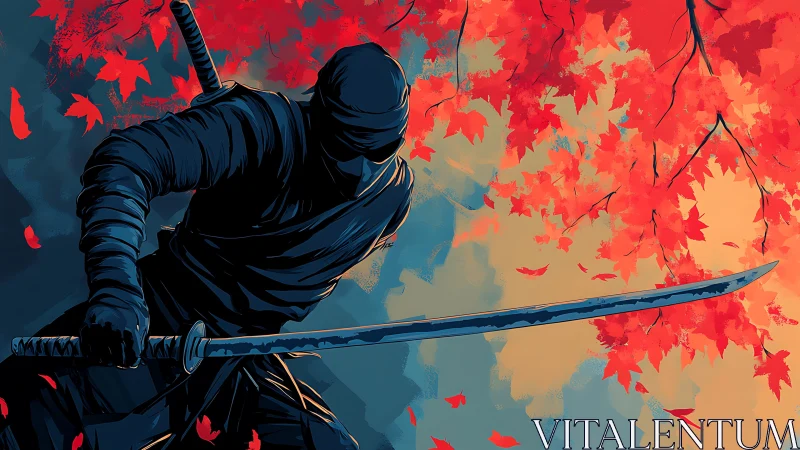 Shadowed ninja poised beneath blazing autumn canopy.